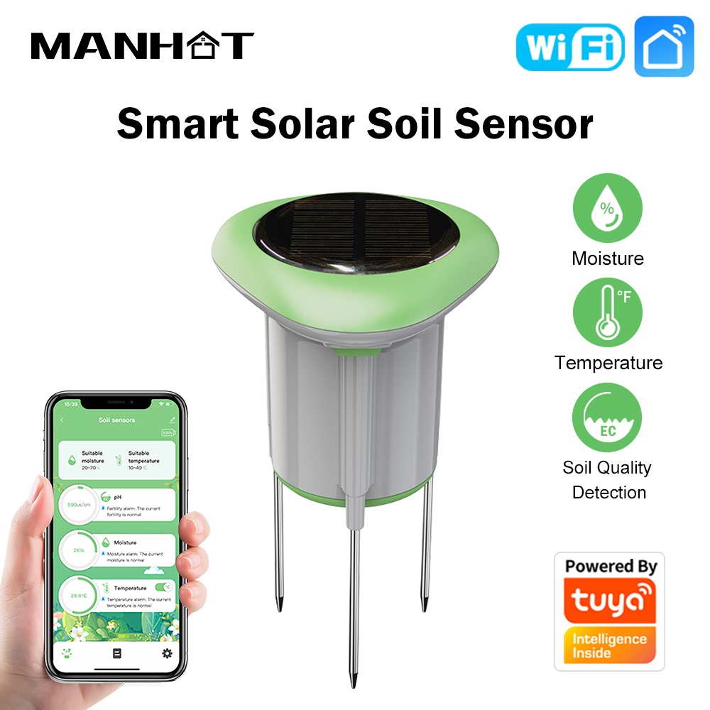 Smart Garden Irrigation - MANHOT WLAN-Smart-Solar-Bodensensor 3-in-1 Temperatur-Feuchtigkeits-EC-Leitfähigkeitsmessgerät IP66 Wasserdicht