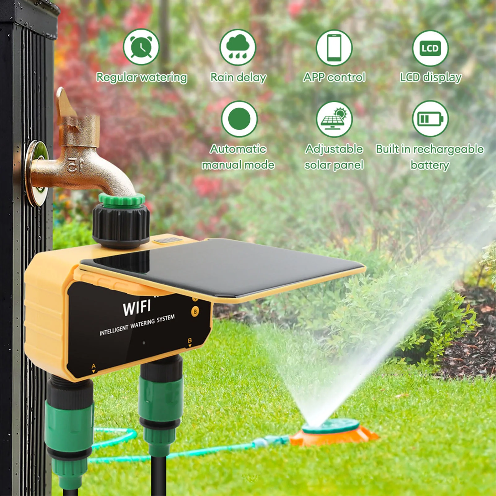 Smart Garden Irrigation - Solarbetriebener WLAN-Smart-Bewässerungstimer mit Regensensorfunktion, App-Steuerung, 2