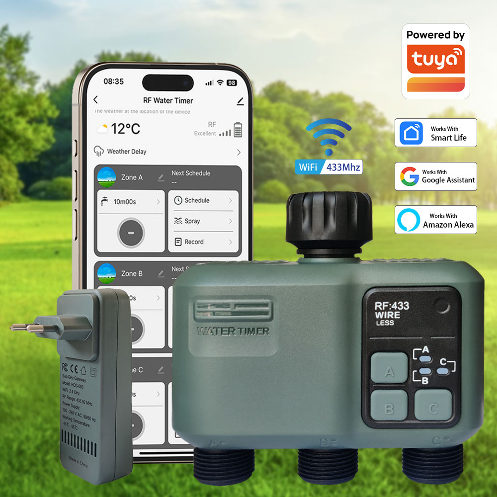 Smart Garden Irrigation - Tuya Wifi+RF433 3-Wege-Wassertimer Gartenbewässerungstimer Regenverzögerung Filter